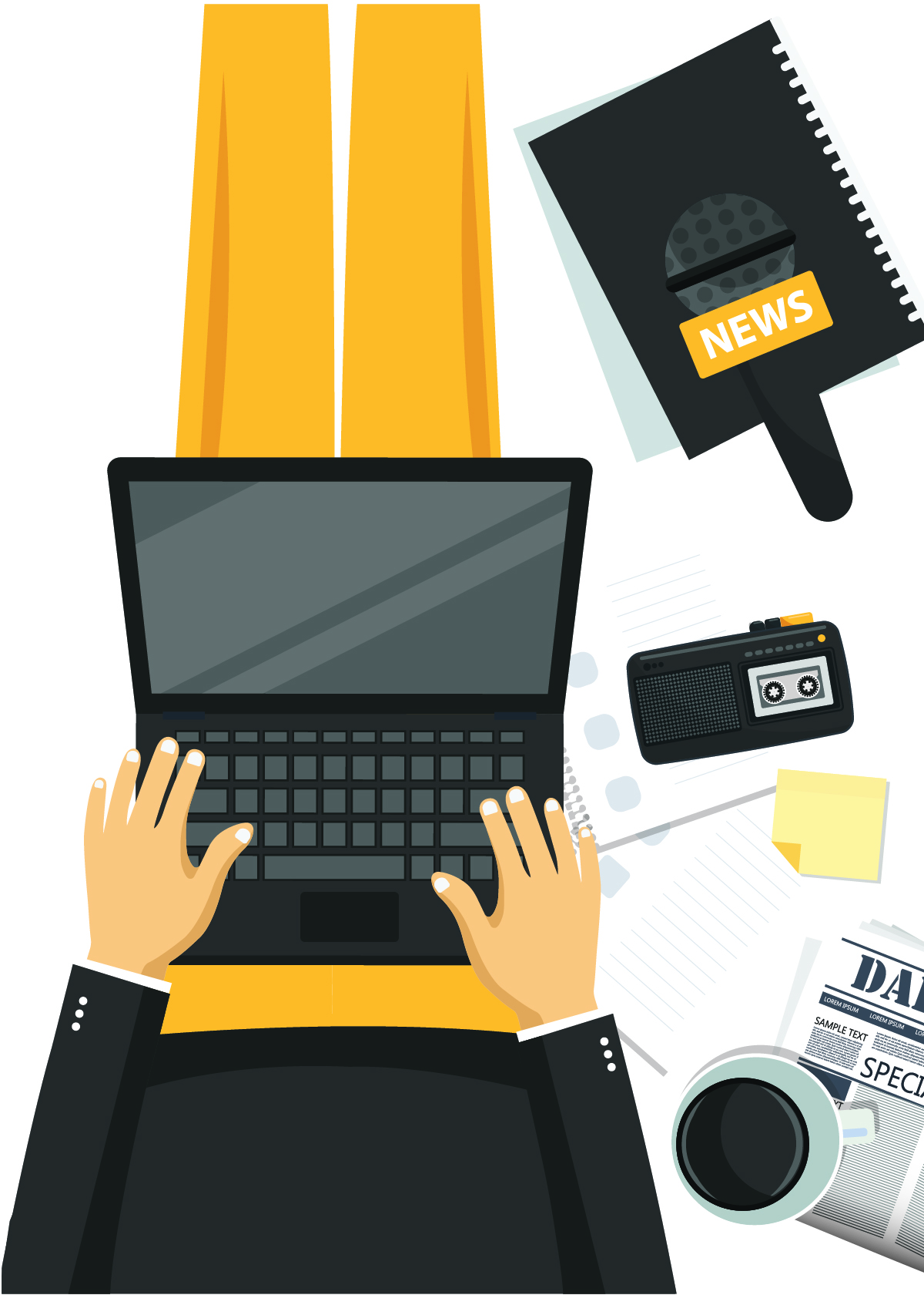 Illustration of hands typing on a laptop beside a news microphone, recorder, coffee and newspaper