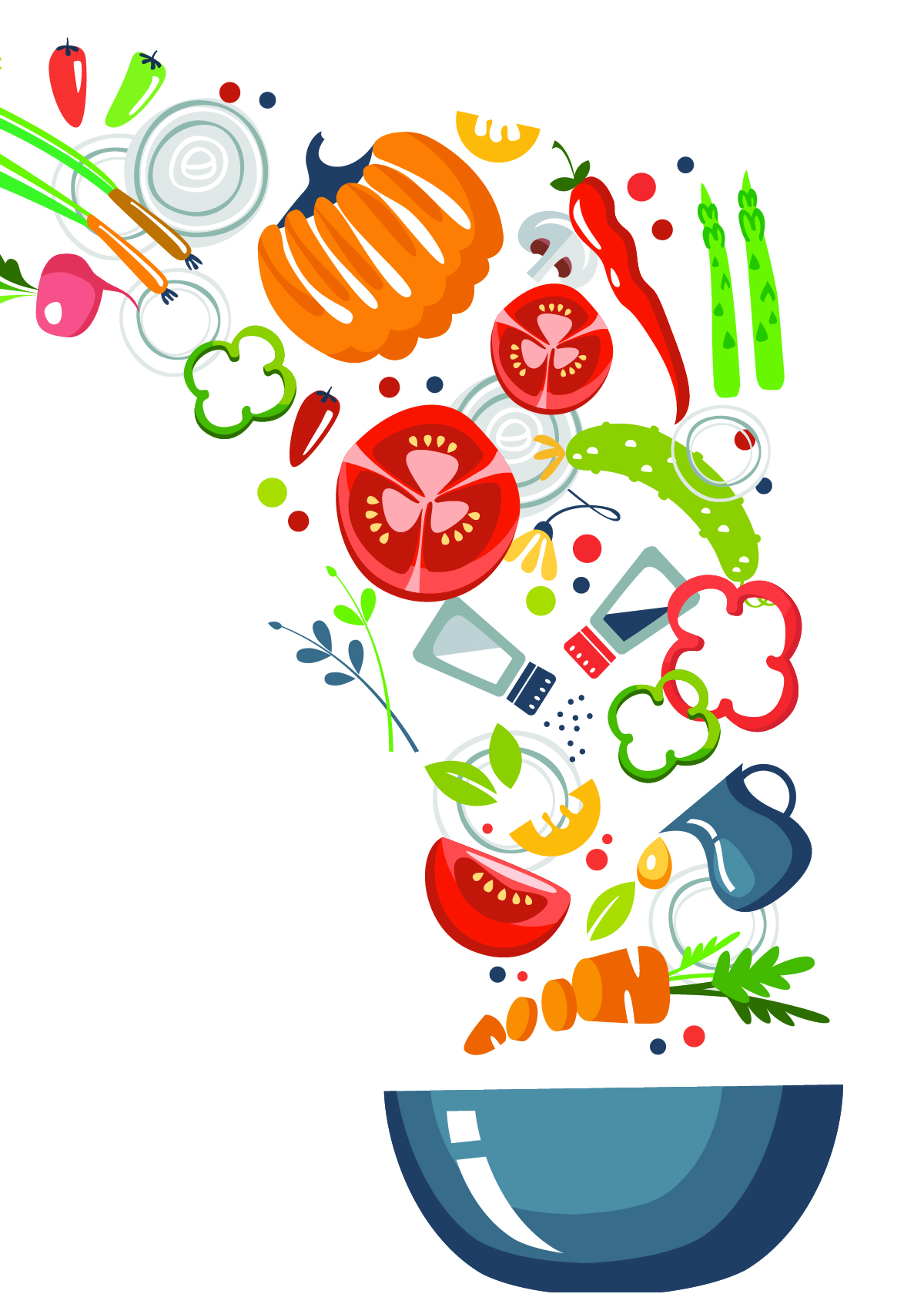 Illustration of colorful vegetables falling into a blue bowl