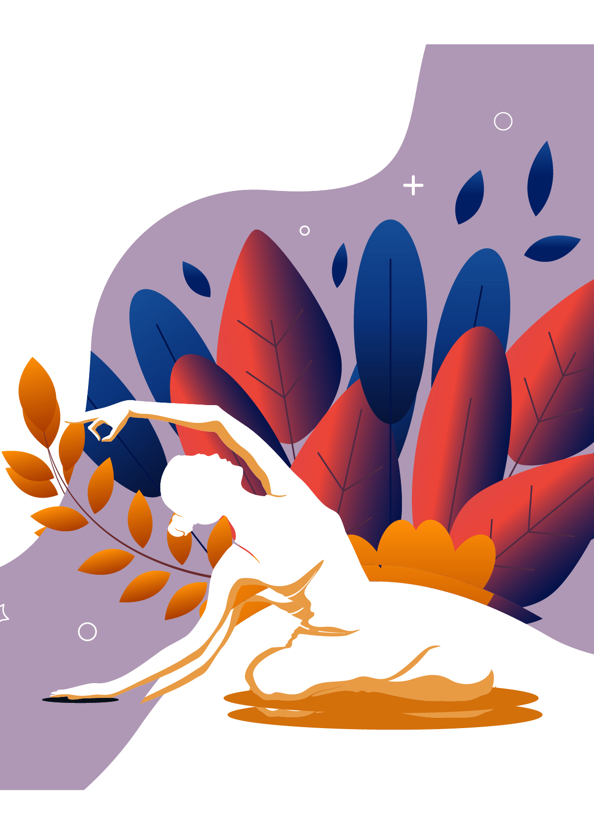 Illustration of a woman in a side-stretch yoga pose surrounded by leaves